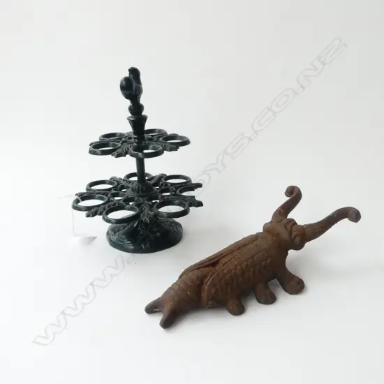 CAST IRON BEETLE BOOT PULL & FRENCH CAST IRON EGG HOLDER (ONE HOLDER A/F), H.240MM