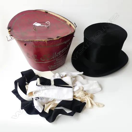 VINTAGE TOP HAT IN ORIGINAL BOX (E C KELLERMANN BERLIN) w ADDITIONAL BOW TIES, COLLARS & GLOVES