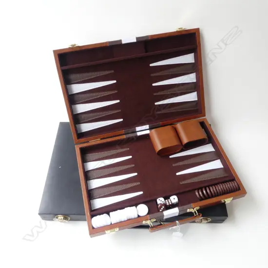 TWO BACKGAMMON SETS L.380MM-450MM NB: BLACK SET 2 CHECKERS ABSENT