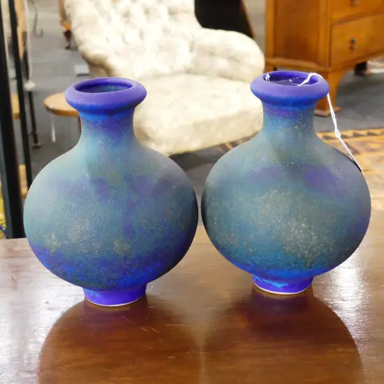 TWO BLUE NZ POTTERY VASES c1990, UNSIGNED, (Danny Moorwood?)