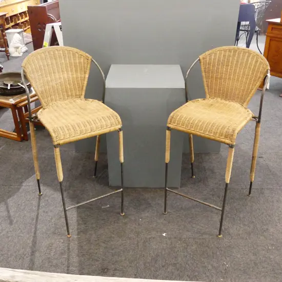 PR WROUGHT IRON & RATTAN CANE HIGH STOOLS