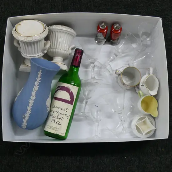 WINE BOTTLE, DRINKING GLASSES, CHINA ETC