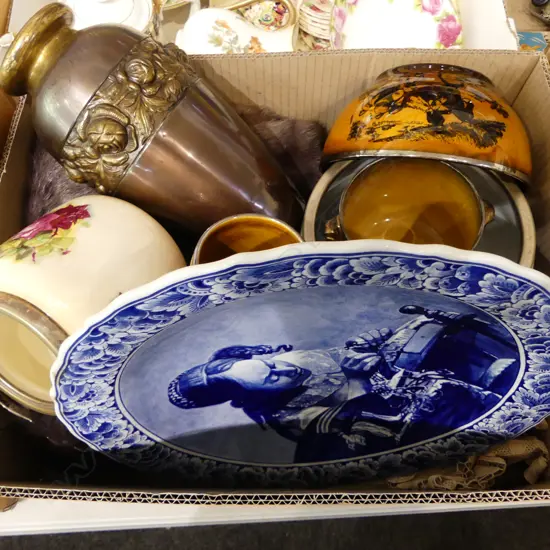 DELFT CHARGER, METAL VASE, FUR STOLE ETC