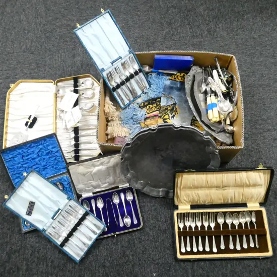 ASST. CUTLERY, SOME BOXED, FABRICS ETC