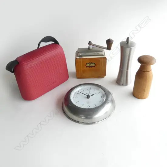 MARINONI PEWTER WALL CLOCK, RUNNING D.200mm, GERMAN 'GESTA' COFFEE GRINDER & 2 OTHERS & 'O' POCKET SHOULDER BAG