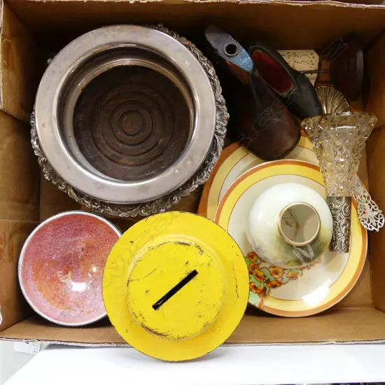 ASST. ITEMS INCL. 2 EP WINE COASTERS, CLARICE CLIFF, STG RIM BOTTLE ETC