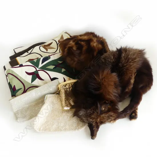 2 FUR STOLES, 3 EVENING BAGS, 2 LG CUSHION COVERS