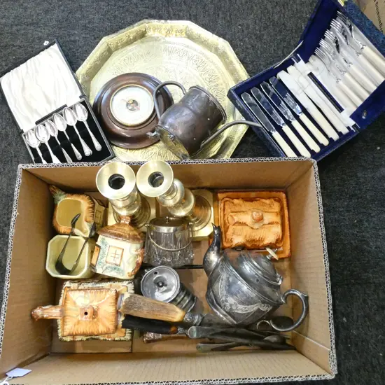 MIDDLE EASTERN BRASS TRAY, PR CANDLESTICKS, TEA SET ETC