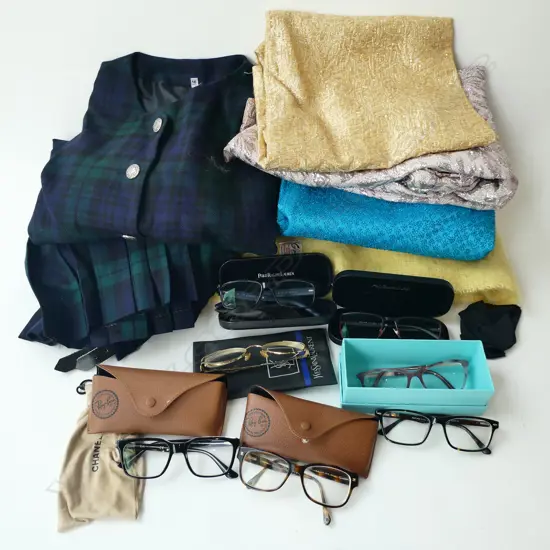 1960s METALLIC DRESSES, YELLOW MOHAIR BLANKET, BLACK WATCH TARTAN KILT & JACKET, DESIGNER PRESCRIPTION GLASSES