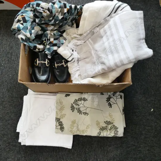 BOX LOT OF ASSORTED LINEN, JULIETTE HOGAN SILK DRESS SIZE 8,  A PAIR OF LOAFERS SIZE 40 WOMENS, ETC.