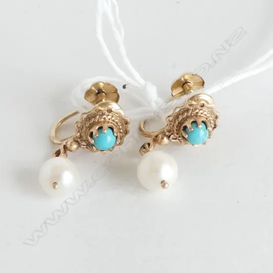 PR 14CT PEARL & TURQUOISE EARRINGS, 3.1gms
