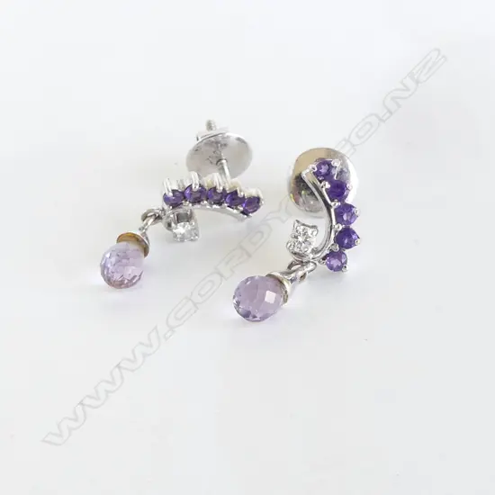 PR 18ct WG DIAMOND & AMETHYST EARRINGS, 3.8gms