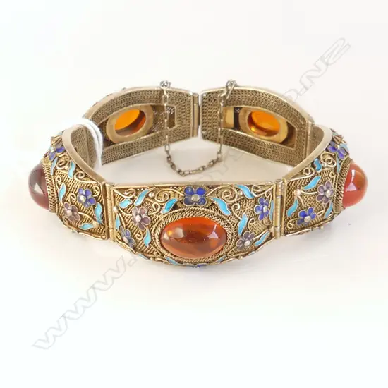 VINTAGE CHINESE EXPORT, SILVER, FILIGREE, ENAMEL & AMBER? BRACELET