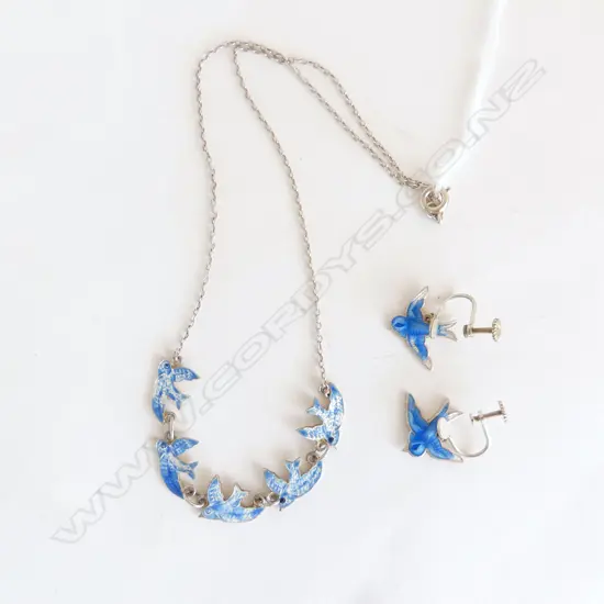 SILVER AND ENAMEL BLUE BIRD NECKLACE AND EARRINGS (ENAMEL WORN ON NECKLACE)