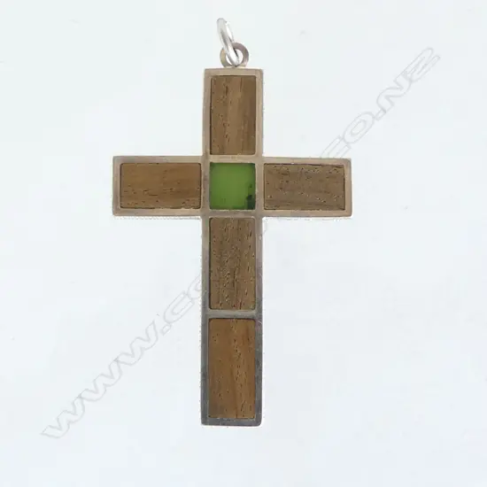 SILVER & LIGNUM VITAE & POUNAMU PANEL CROSS PENDANT by Russell Murphy NZ