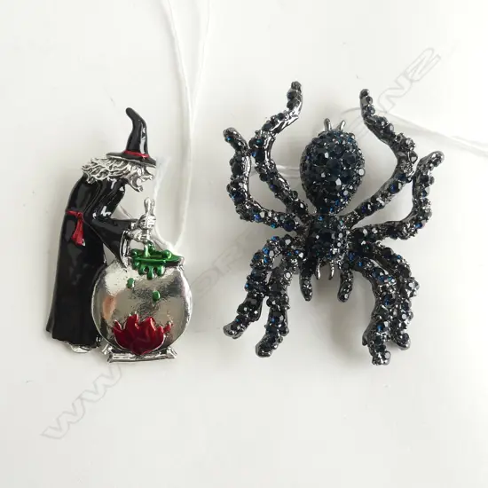 2 NEW MODERN COSTUME BROOCHES; BLACK WIDOW SPIDER & WITCH