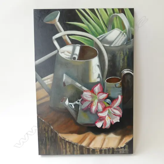 K. THICKPENNY, STILL LIFE w. WATERING CANS, OIL ON CANVAS, 2019 760x510mm