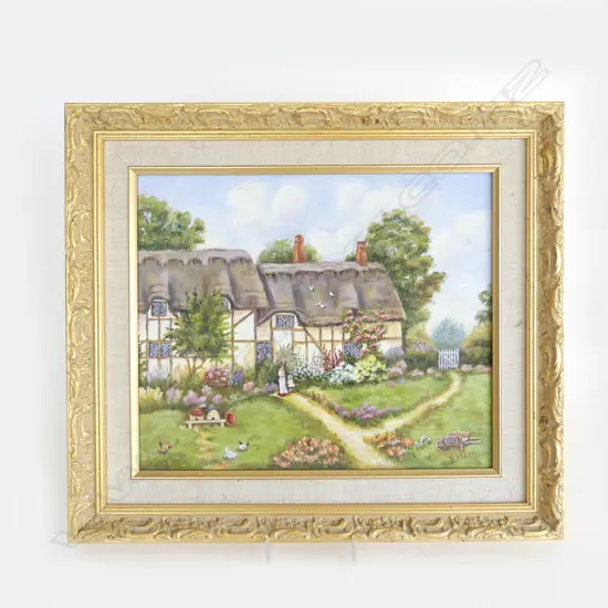 B MARR, COTTAGE SCENE, OIL ON BOARD, SIGNED, 250 x 290mm