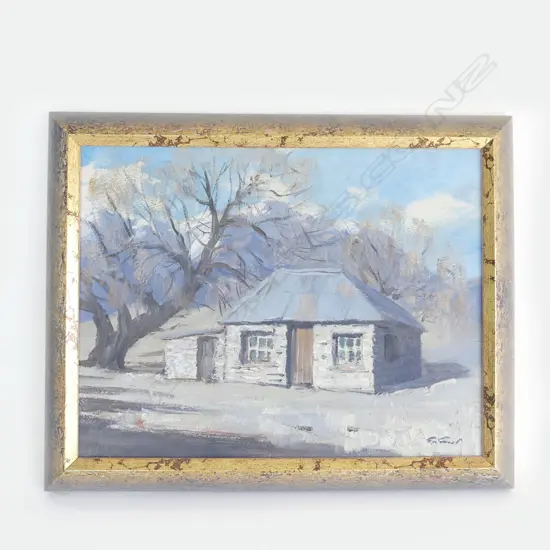 G A GENET 'OLD SETTLER'S COTTAGE QUEENSTOWN', OIL ON BOARD, SIGNED, 340 x 450mm