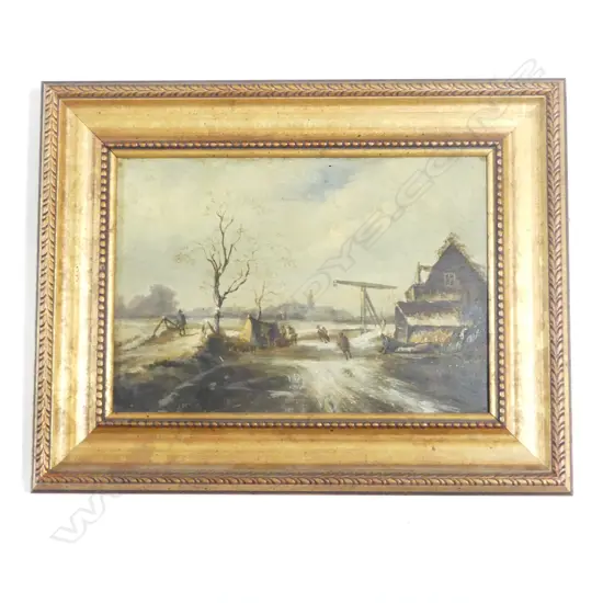 J DESTHE, VILLAGE IN WINTER, OIL ON PANEL, SIGNED/DATED 1874, 210 x 290mm