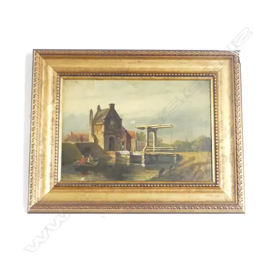 J DESTHE, CANAL BUILDINGS, OIL ON PANEL, SIGNED, 210x 290mm (sm surface damage)