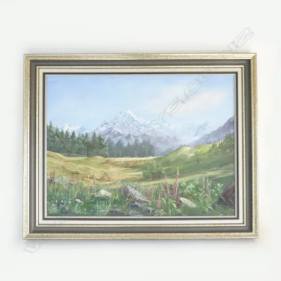ANNE DREW 'FOXGLOVES MT COOK', OIL ON BOARD, SIGNED, 450 X 600mm