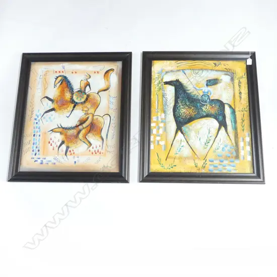 PR 'MID CENTURY LOOK' ACRYLICS ON BOARD, WOMAN WARRIOR & SOLDIERS ON HORSEBACK, 600 x 480mm