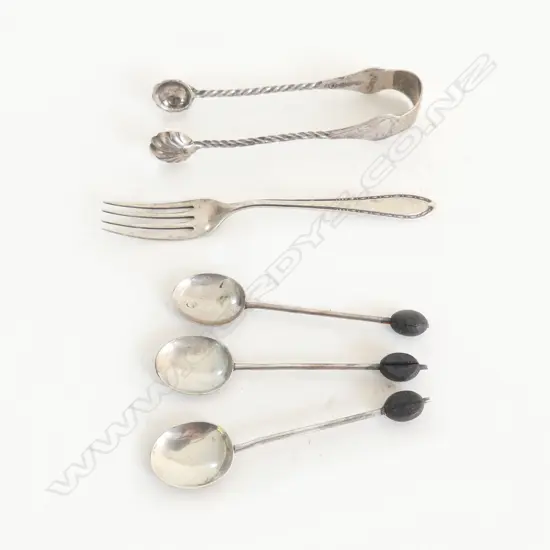 PR S/SILVER VICT SUGAR TONGS S/SILVER FORK & 3 S/SILVER COFFEE SPOONS  71GMS