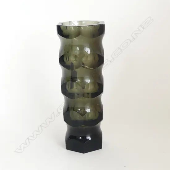 JOSEF HOFFMAN MOSSER GLASS HEXAGONAL VASE HEAVY SMOKE TONE H.195mm