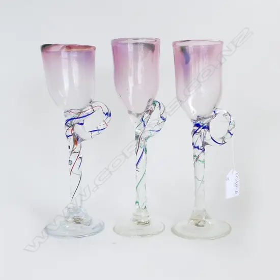 PETER VIESNIC 1986 SET OF 3 ART GLASS STEMMED GOBLETS H.240mm each signed & dated