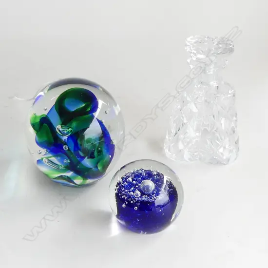 TWO GLASS PAPERWEIGHTS & CRYSTAL VANITY BOTTLE