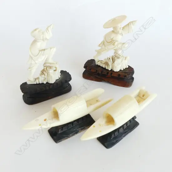 4 SMALL IVORY CARVINGS: 2 ELEPHANT FISHERMAN no rods 1 hat missing + 2 marine ivory boats no fittings