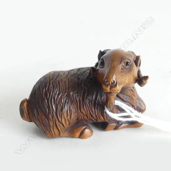JAPANESE CARVED WOOD NETSUKE RECUMBENT GOAT finely carved