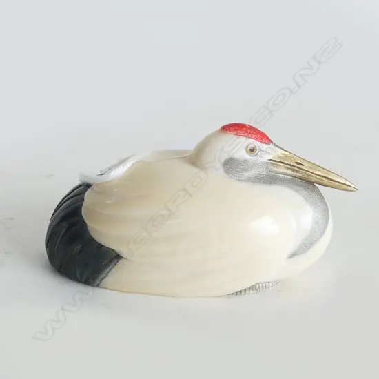 JAPANESE CARVED IVORY NETSUKE  seated CRANE BIRD stained coloured highlights Signed