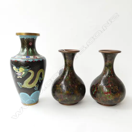 PR BROWN FLORAL CLOISONNE VASES H.200mm + ANOTHER w. DRAGON H.265mm (dent)
