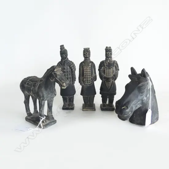 FOUR TERRACOTTA WARRIORS, HORSE & HORSE HEAD, H.170mm