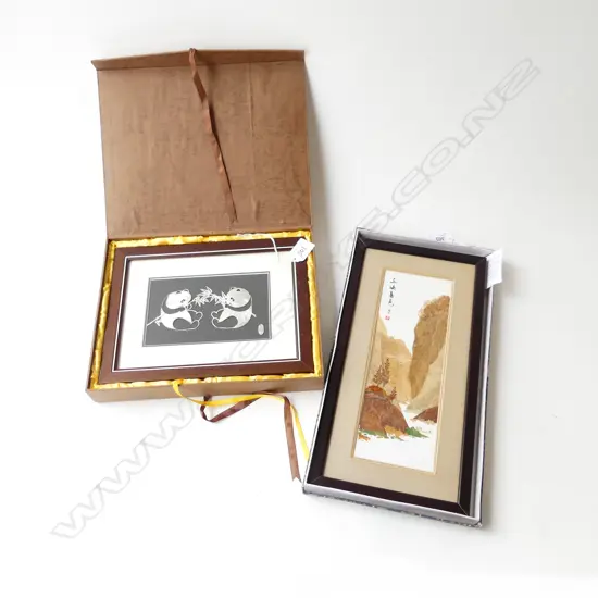 2 PCS CHINESE FOLK ART; SILVER FILIGREE PANDAS & MOUNTAIN SCENE