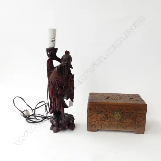 ORIENTAL LAMP BASE, CARVED WOODEN FIGURE H.440mm AF + SMALL CAMPHOR BOX W.250mm