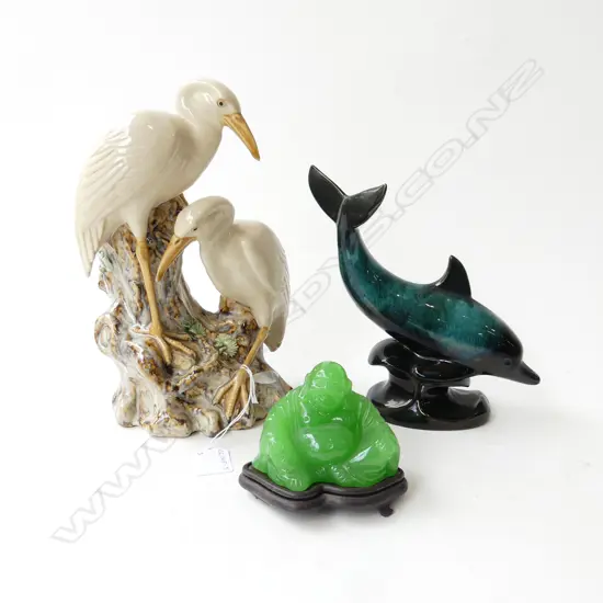 2 HERONS CERAMIC FIGURE H.255mm, GREEN GLASS BUDDDA DOLPHIN