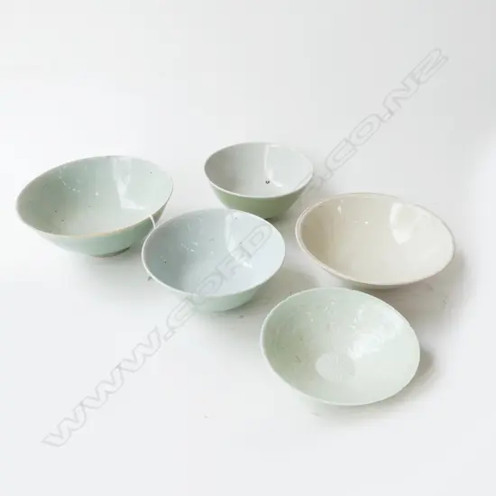 5 ORIENTAL PALE CELADON BOWLS, HAIRLINES 165mm dia
