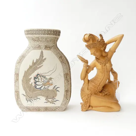 ORIENTAL VASE H.290mm & INDONESIAN CARVED WOODEN FIGURE