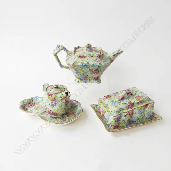 4 PCES OLD FOLEY HYDRANGEA CHINTZ CHINA; TEAPOT (REPRO), BUTTER DISH, JUG & PLATE