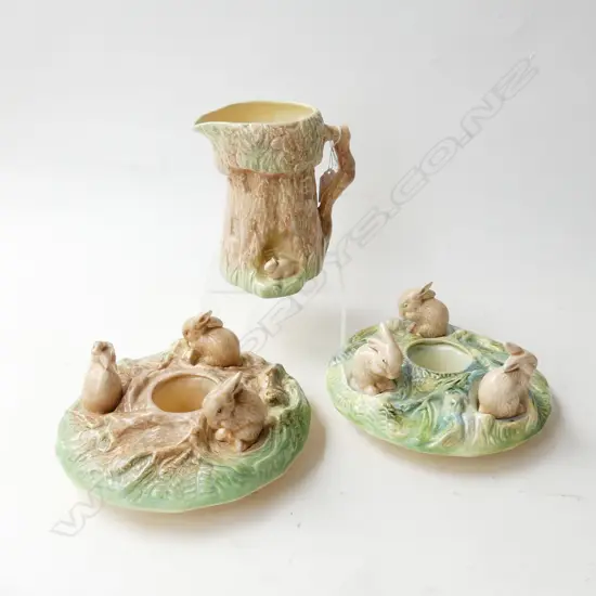 2 SYLVAC BUNNY RABBIT POSEY VASES 210mm dia (1 w. CHIPS) + JUG (BUNNY EARS MISSING)