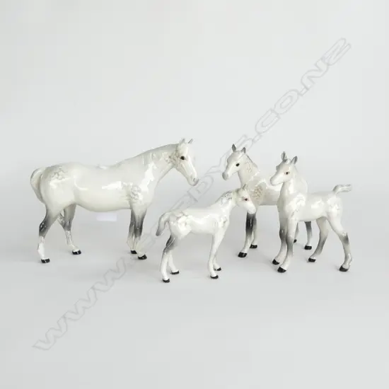 4 BESWICK GRADUATING DAPPLE GREY PONY HORSES TALLEST H.123mm 1 w. FAULTED EARS
