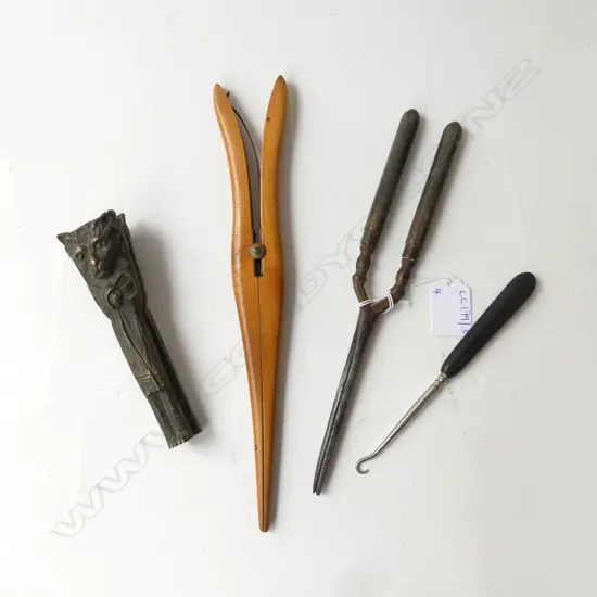 NUTCRACKER, TONGS, WOODEN GLOVE STRETCHERS, BUTTON HOOK