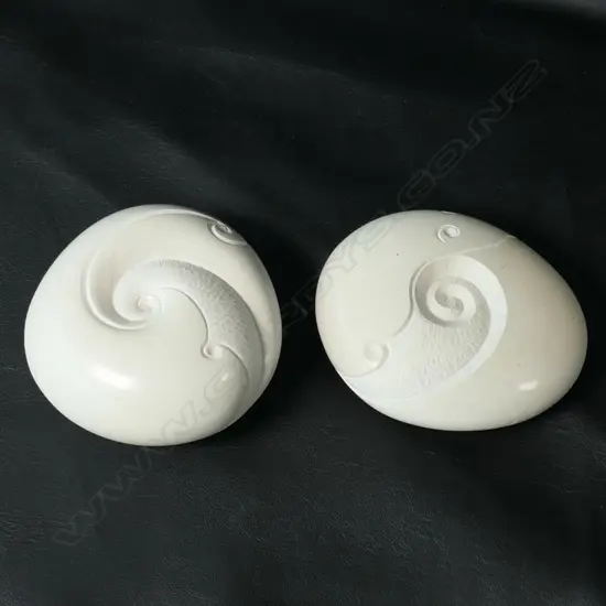 TWO ALAN WEHIPEIHANA SMALL CARVED WHITE STONES, W.75mm