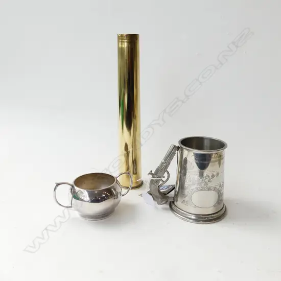 SHELL CASE H.305mm, PEWTER MUG w. GUN HANDLE, EP SUGAR BOWL