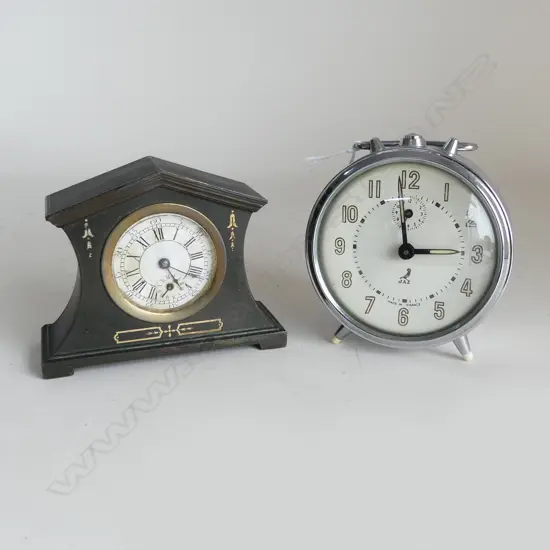 TWO BEDSIDE CLOCKS ONE METAL REGENCY STYLE POS 1920s,  L.156mm &amp; FRENCH &#x27;JAZ&#x27; BEDSiDE ALARM CLOCK CHROME DECO, Dia 100mm