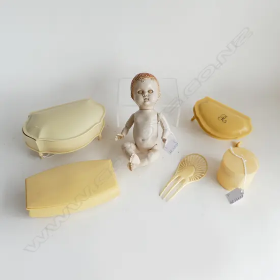 THREE JEWELLERY BOXES  (ONE CIRCULAR ONE DAMAGED ), IVOREX CONTAINERS TOGETHER WITH PLASTIC PEDIGREE DOLL MADE IN NZ.