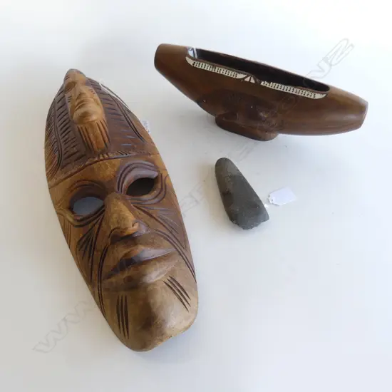 VINTAGE PACIFIC IS. CARVED HARDWOOD DRUM w MOP INLAY, L.320mm, STONE ADZE & CARVED WOODEN MASK L.470mm